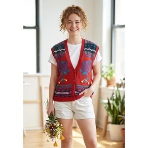 Vintage 90s Koret Sweater Vest Cardigan Womens S Red Floral Knit Cottagecore